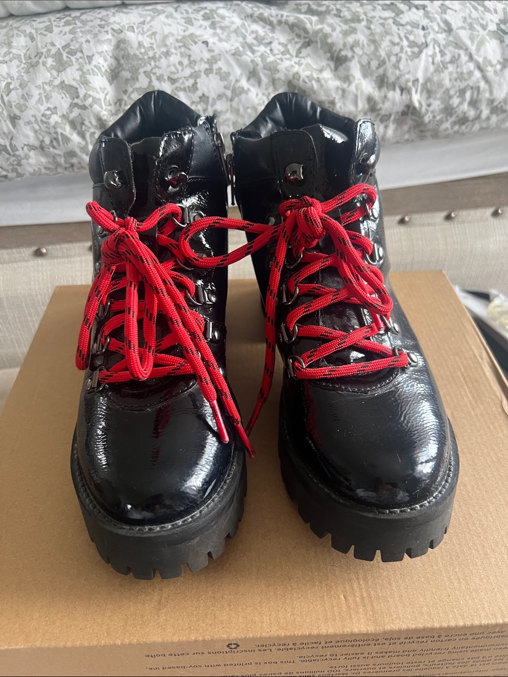 Aqua Black Patent Lace-Up Platform Boots with Red Laces